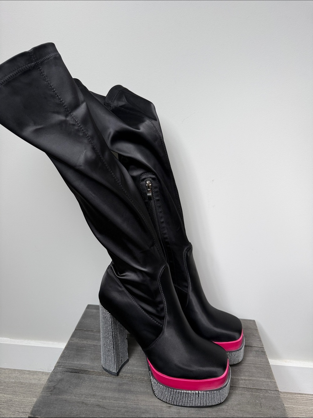 Women's Black satin Platform Boots with Pink Accent